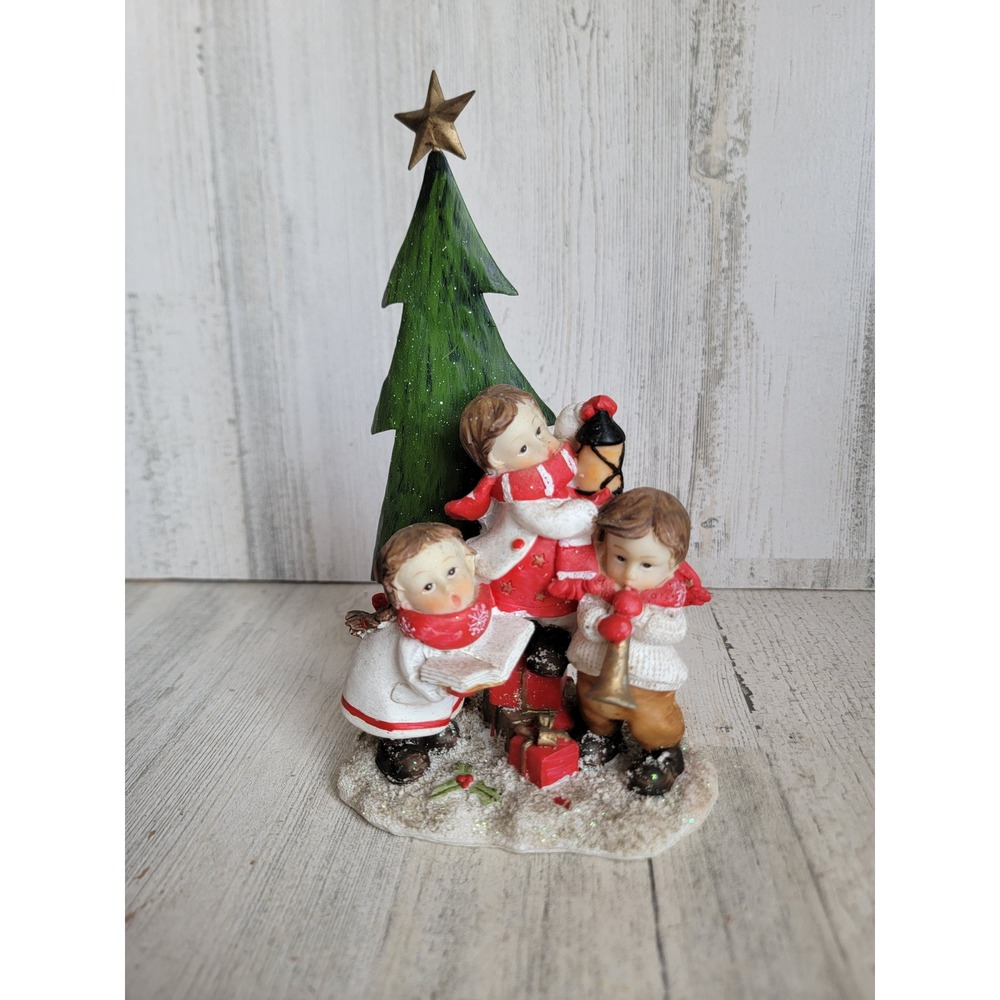 Vintage Victorian caroling kids xmas Scenic figure star pine tree home decor
